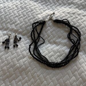 Black Multi-Strand Beaded Necklace with Matching Earrings